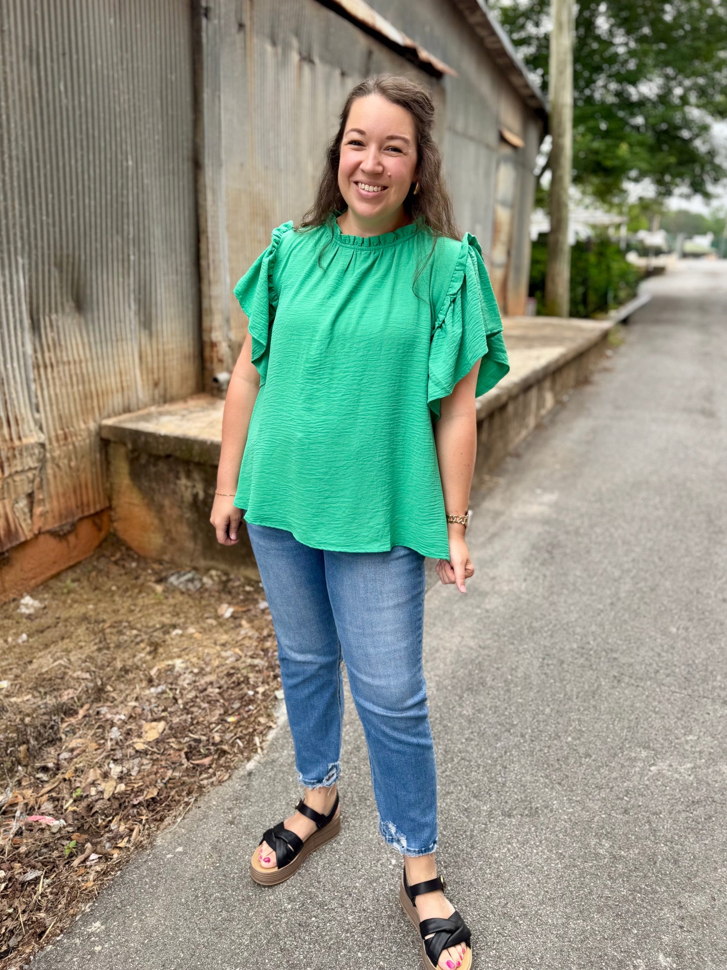 Greta Woven Blouse with Flutter Sleeves