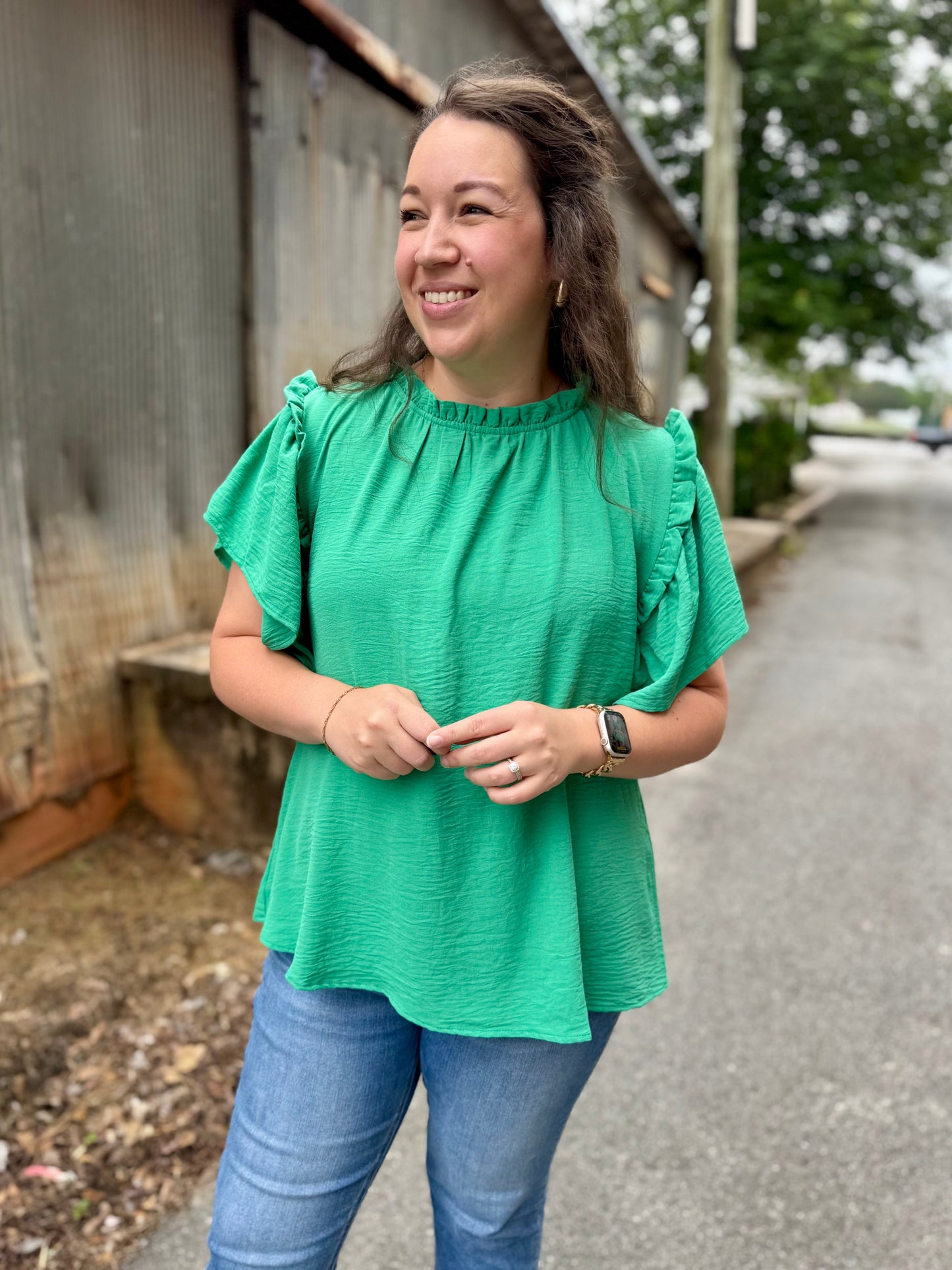 Greta Woven Blouse with Flutter Sleeves