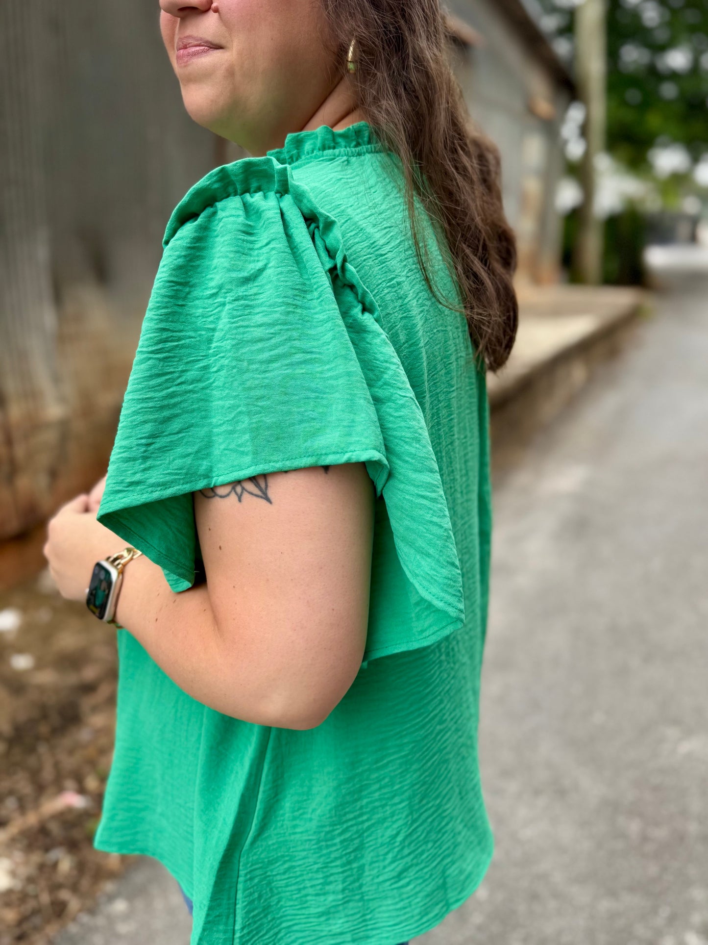 Greta Woven Blouse with Flutter Sleeves