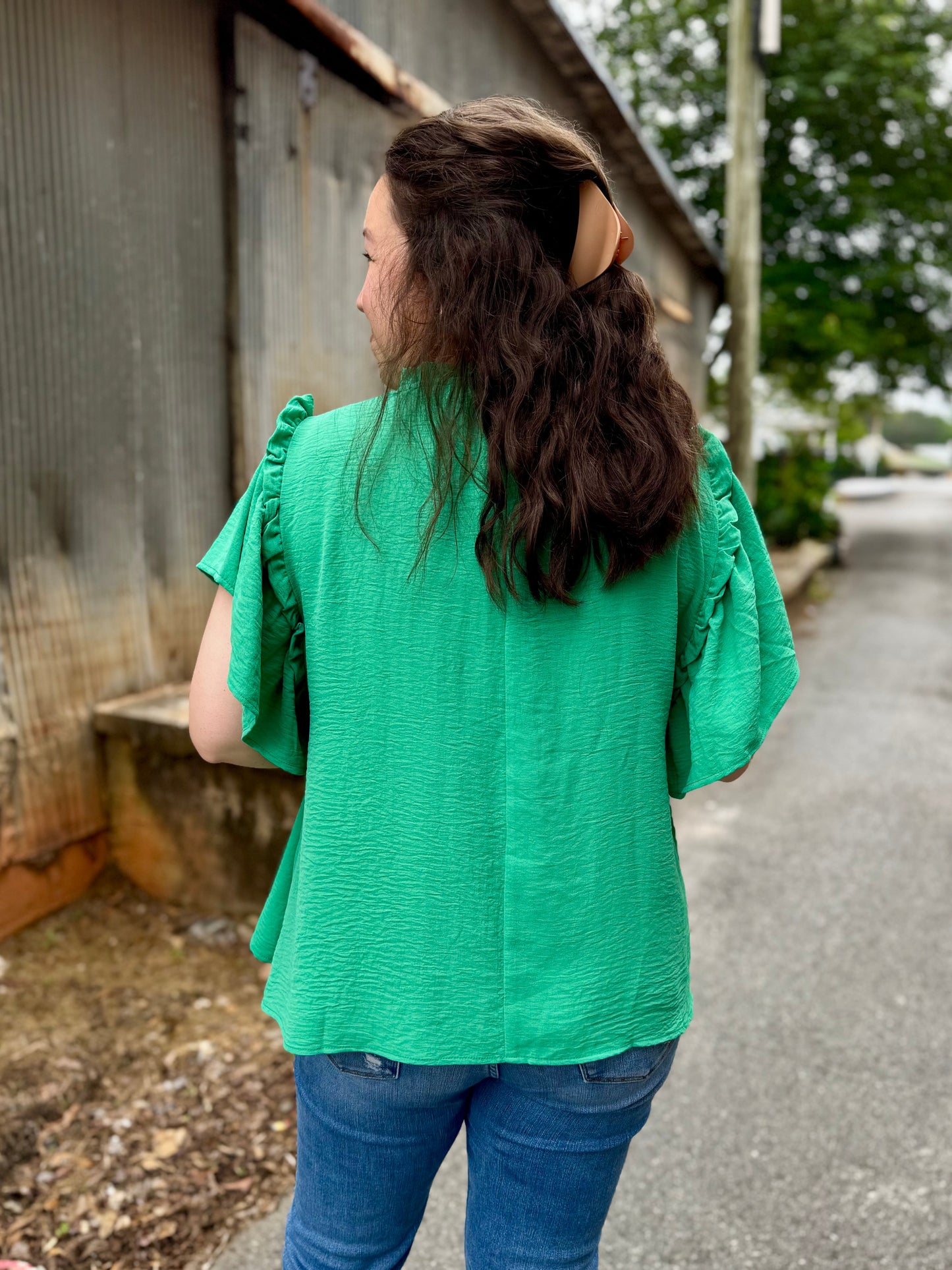 Greta Woven Blouse with Flutter Sleeves