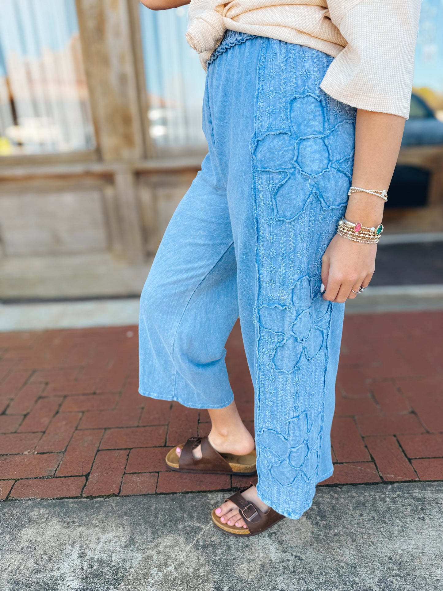 Mineral Washed Flower Patch Wide Leg Pants-Blue