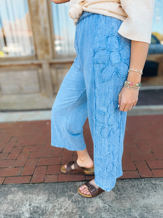 Mineral Washed Flower Patch Wide Leg Pants-Blue