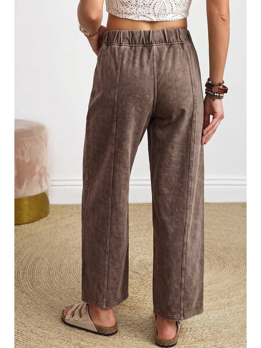 MINERAL WASH SEAM DETAIL ELASTIC WAIST BARREL PANTS - COFFEE