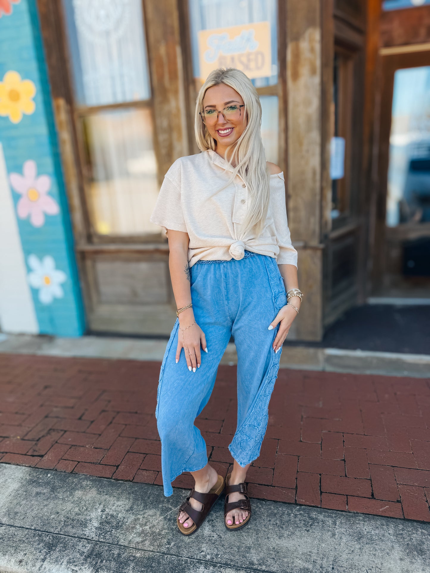 Mineral Washed Flower Patch Wide Leg Pants-Blue