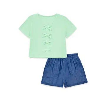 Toddlers 2pc Ribbed Knit/Chambray Short Set-Mint