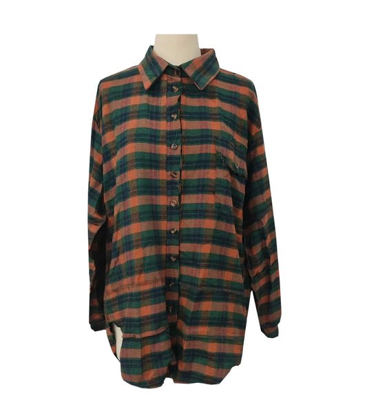 Oversize Button Down Raw Edge Plaid Shirt - Green/Rust