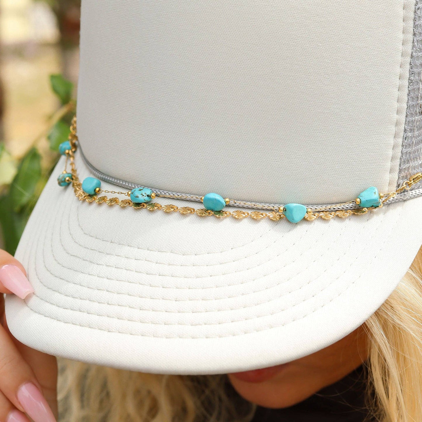 Crimped Oval & Turquoise Stone Layered - Trucker Hat Chain